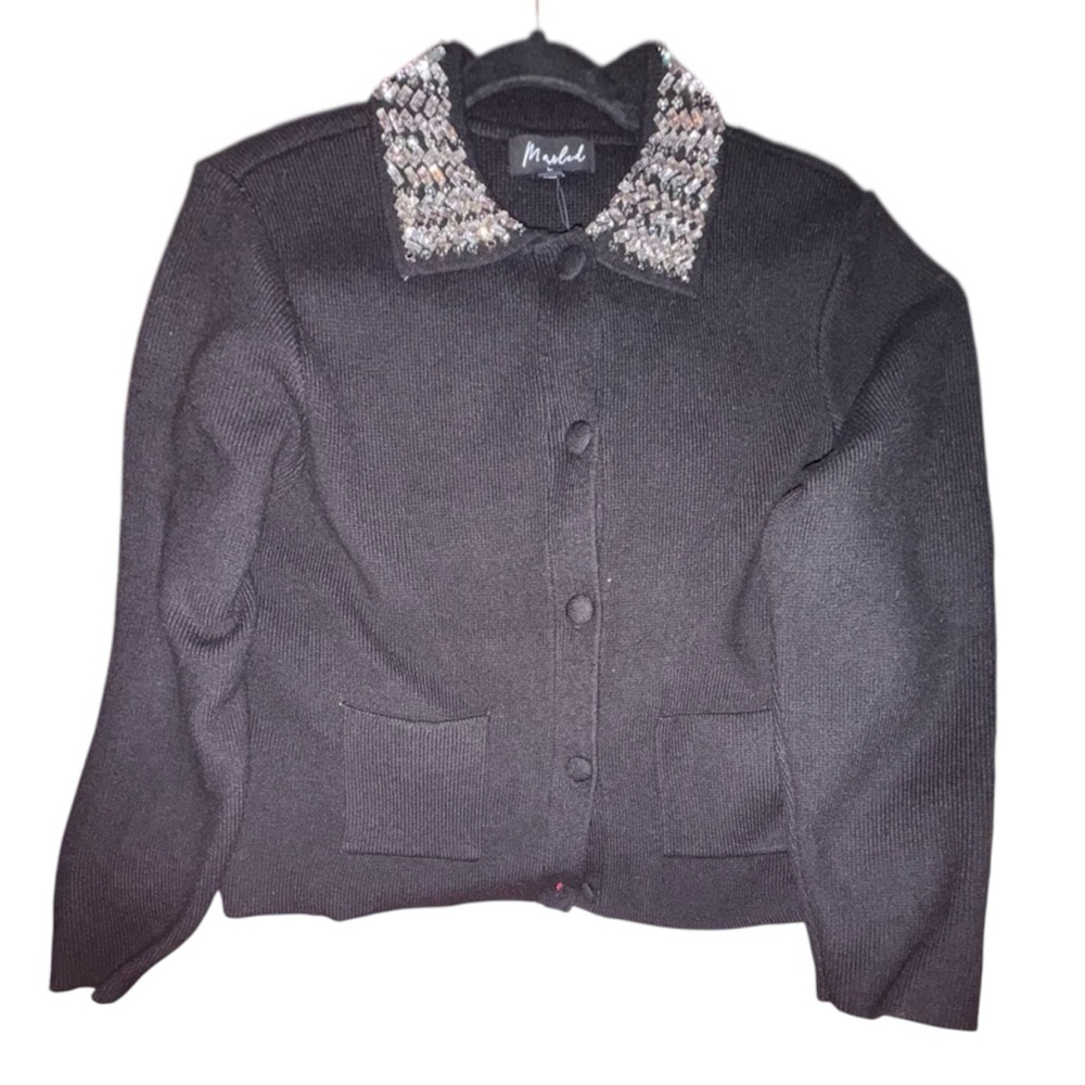 Marled Black Cardigan with Embellished Collar